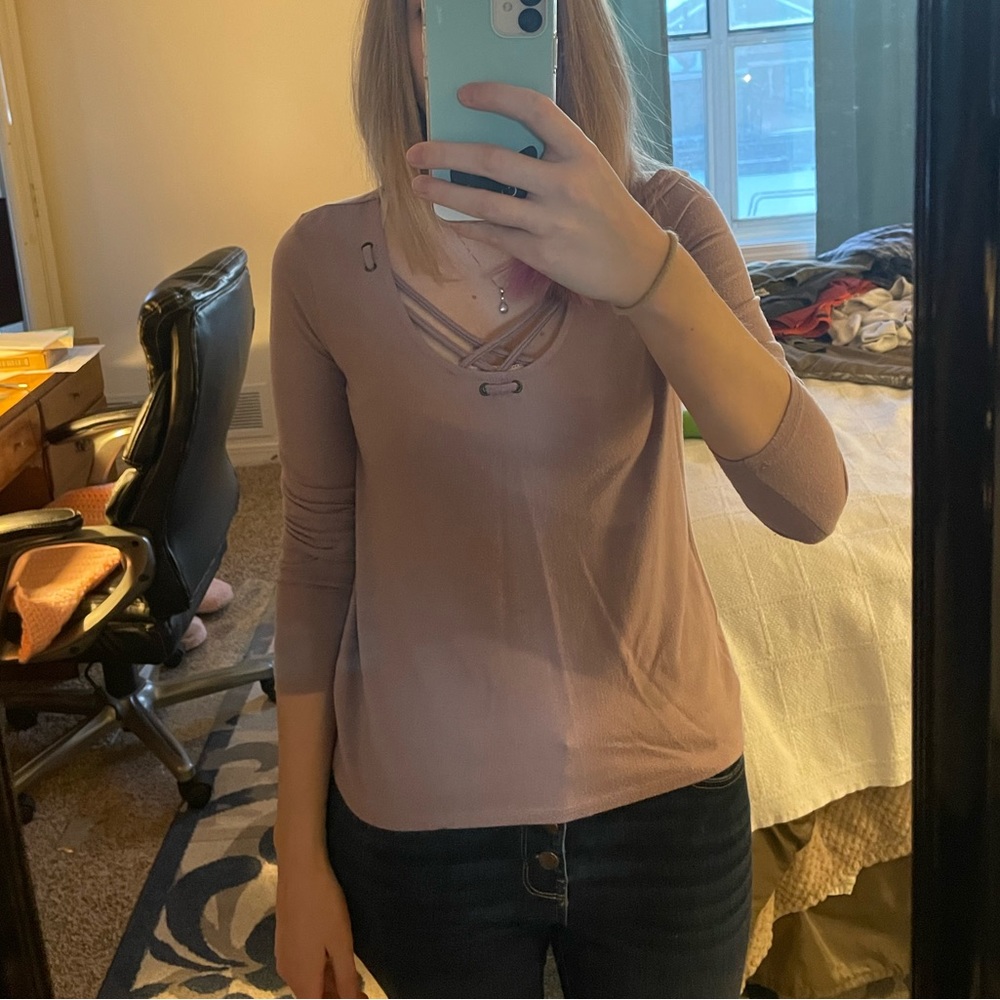 Mudd | Lavender blouse with criss-cross neck fabric